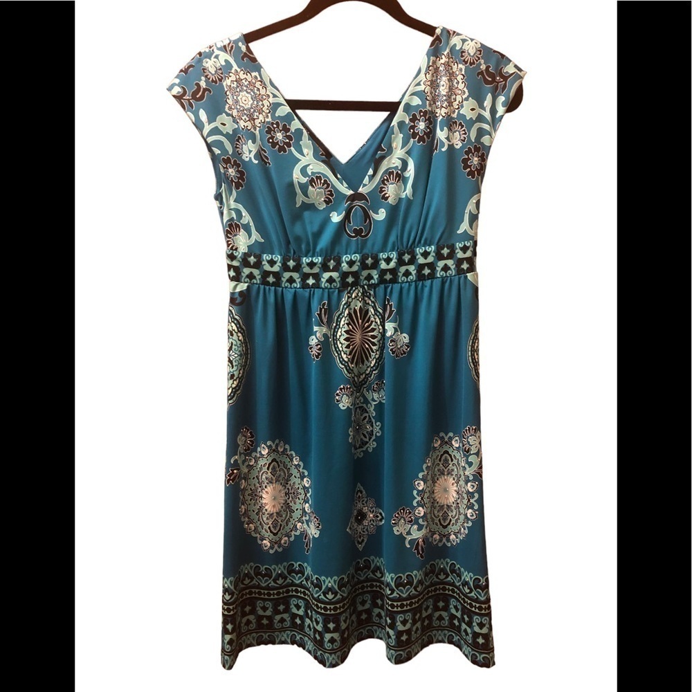 INTERNATIONAL Concepts/ Macy’s/ multicored blue, green, and teal dress.